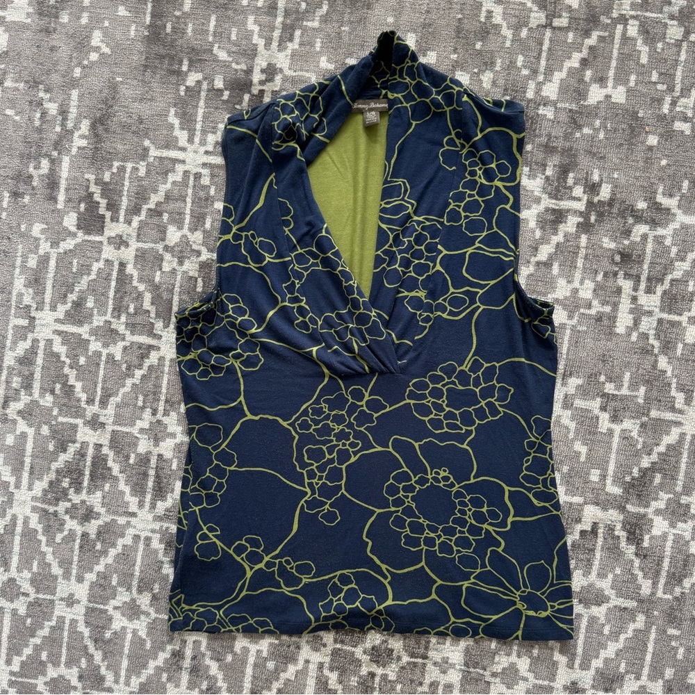 Tommy Bahama Navy Green Floral Sleeveless Mock Neck Top Size L